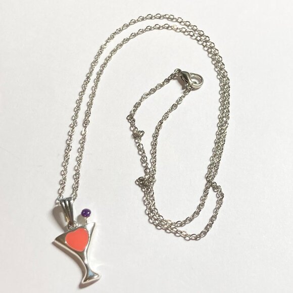 Martini Cocktail Drink Cup Glass Charm Necklace Pendant Pink Enamel 18" Chain - Picture 5 of 9